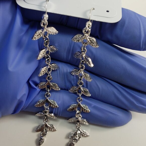 3.75 Inch Textured Metal Leaves Design Drop Dangle Earrings - Silver Tone Finish - Picture 8 of 9